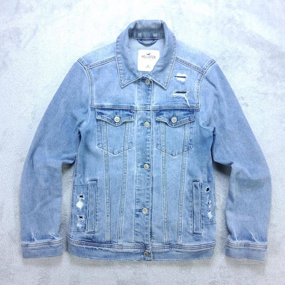Hollister Womens Distressed Denim Jacket XS Light Wash Trucker Jean Jacket Blue